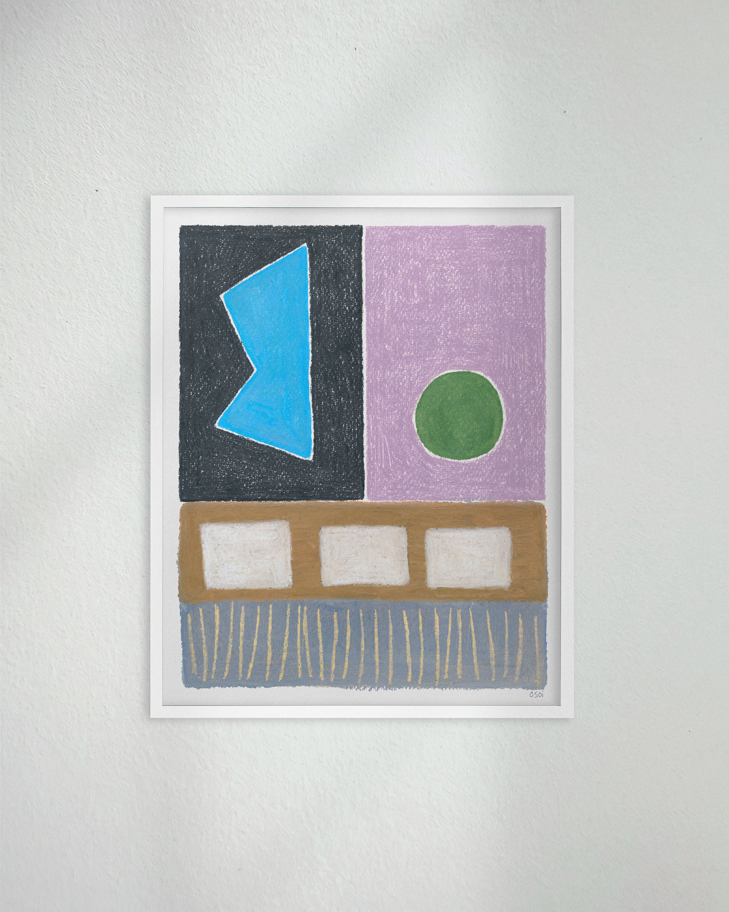 "Balanced Intentions" original art print on heavyweight cotton rag paper. Framed in a box style white timber frame.