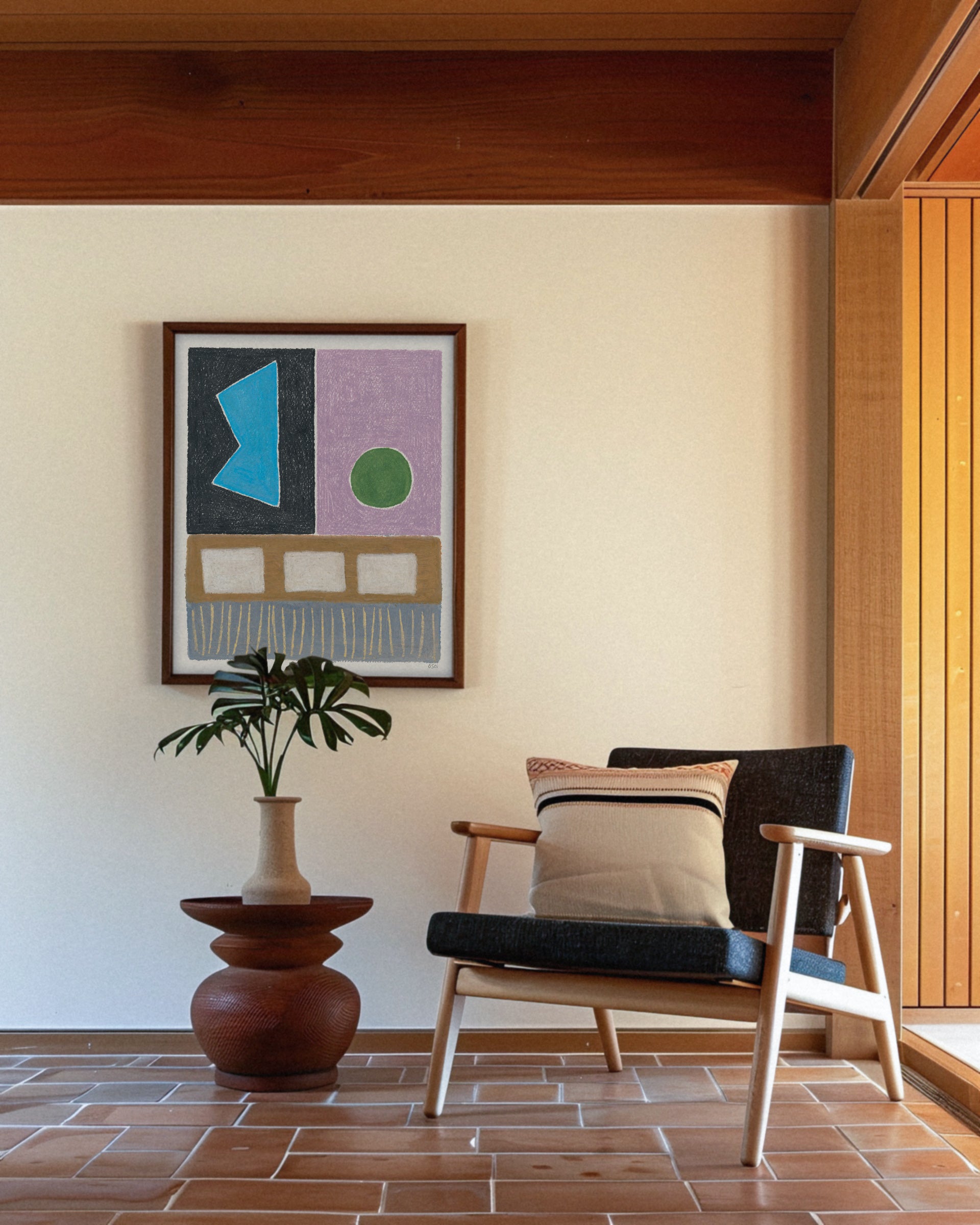 "Balanced Intentions" original art print on heavyweight cotton rag paper. Framed in a box style timber frame.