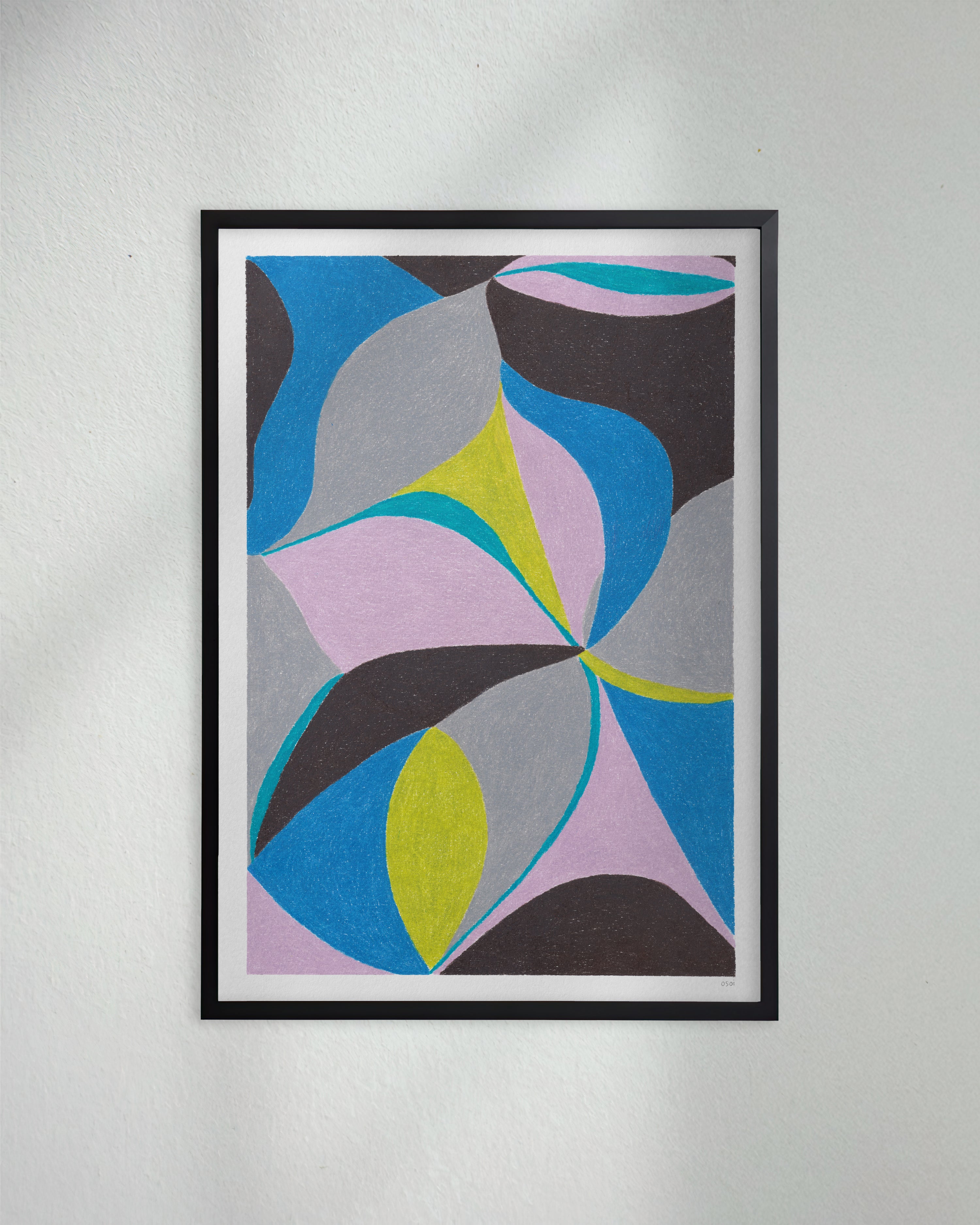 An original art print framed in black timber.  Featuring contrasting dark and bright colours and flowing shapes. Colours of dark umber, lime, cyan blue, mauve, teal, and light grey. 