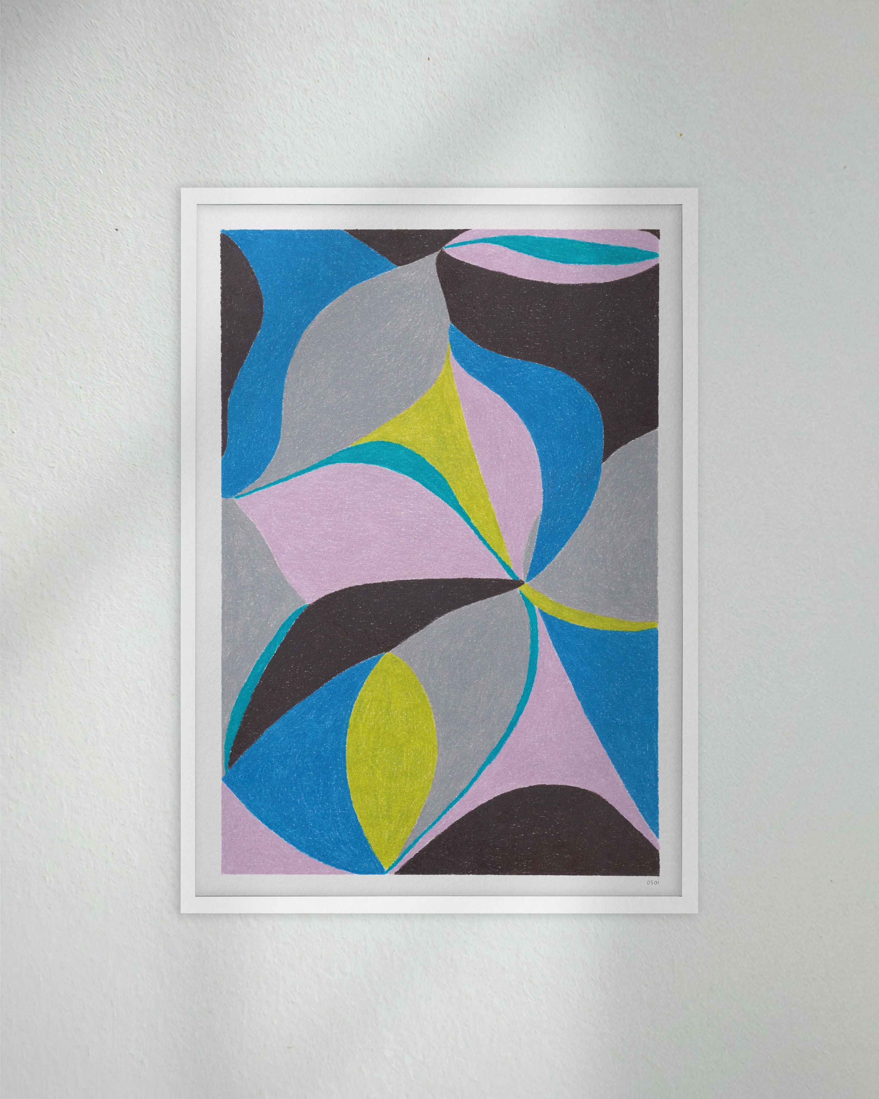 An original art print framed in white timber.  Featuring contrasting dark and bright colours and flowing shapes. Colours of dark umber, lime, cyan blue, mauve, teal, and light grey. 