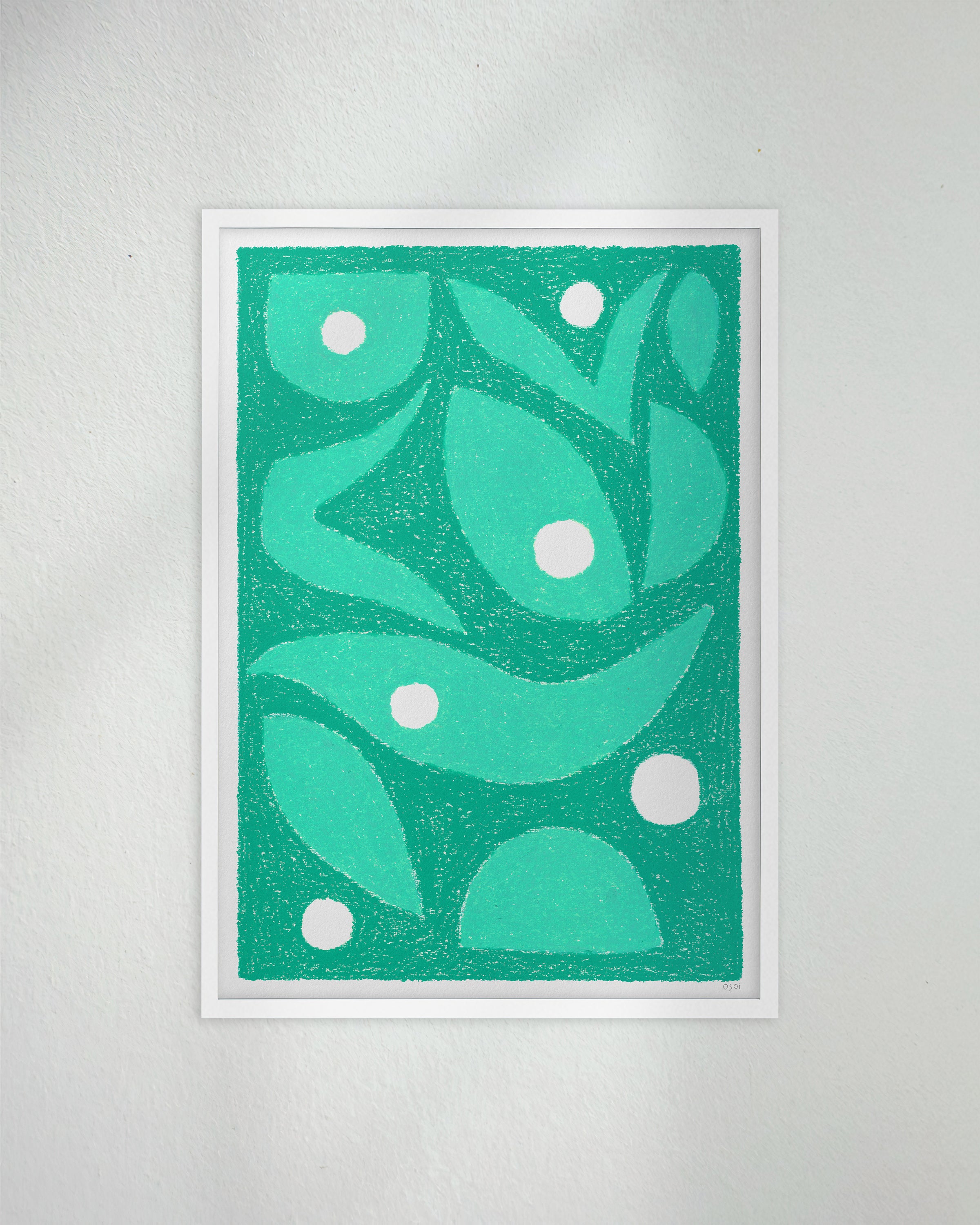 "Fond of Green" original art print on heavyweight cotton rag paper. Framed in a box style white timber frame.