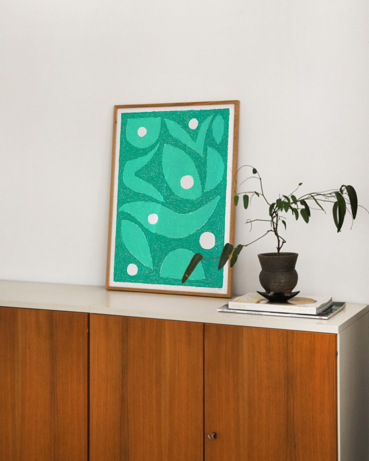 "Fond of Green" original art print on heavyweight cotton rag paper. Framed in a box style oak timber frame.