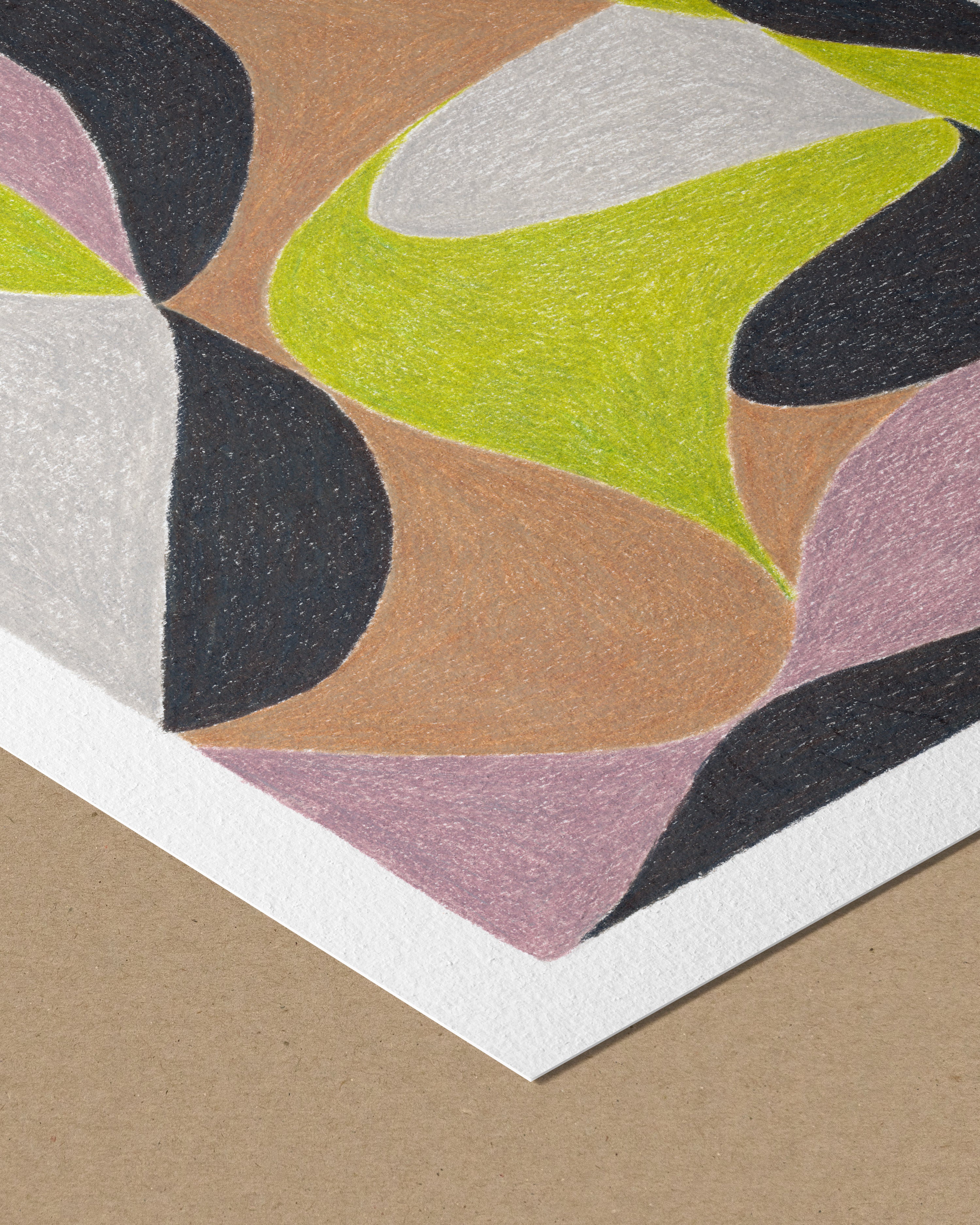 An original art print on heavyweight textured etching paper. Featuring flowing shapes and bold colours of black, green, grey, mauve and lime shapes. 