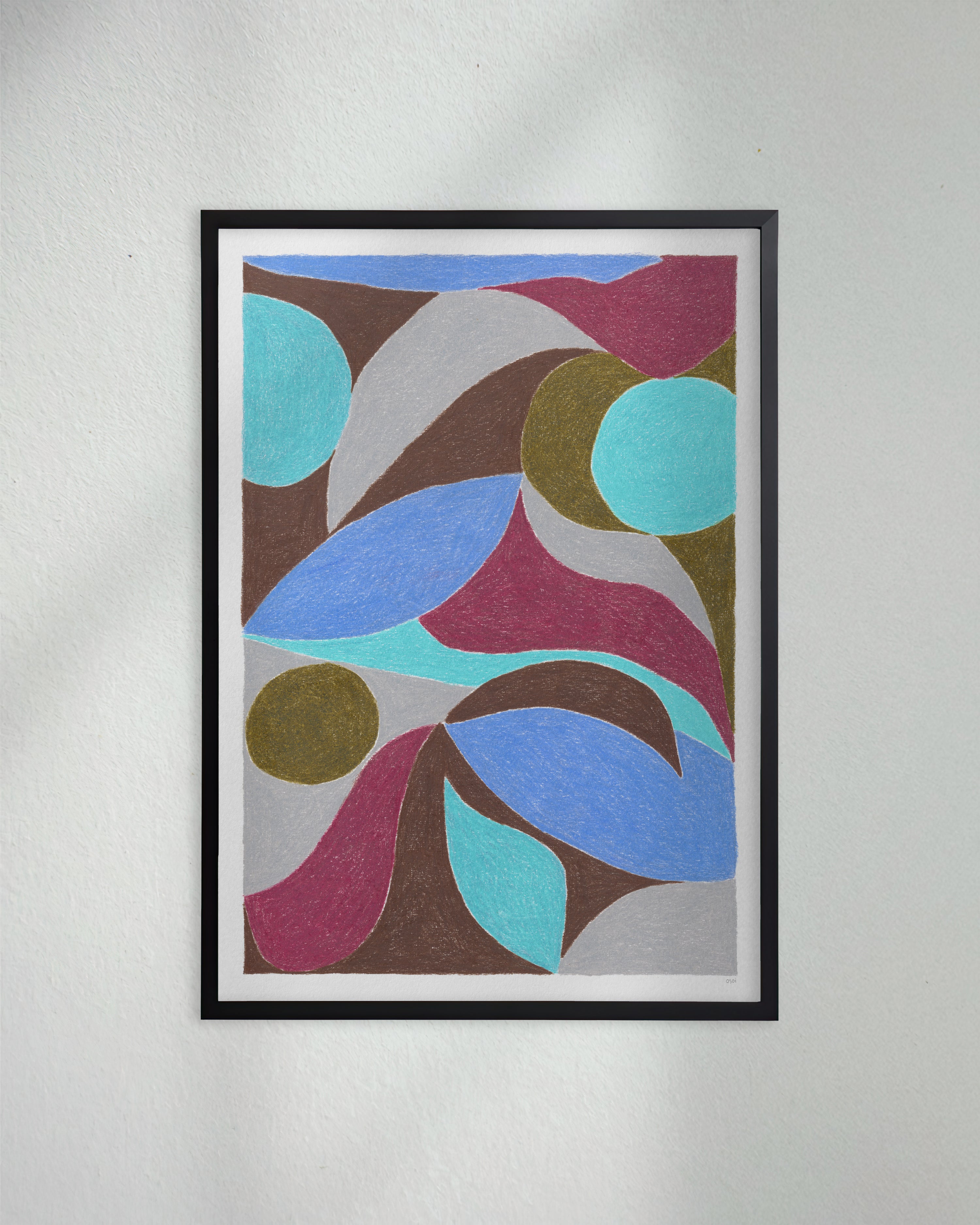 An original art print framed in black timber. Featuring contrasting colours and flowing shapes. Dark brown, olive green, light teal aqua, burgundy, light grey, and light ultramarine blue. 