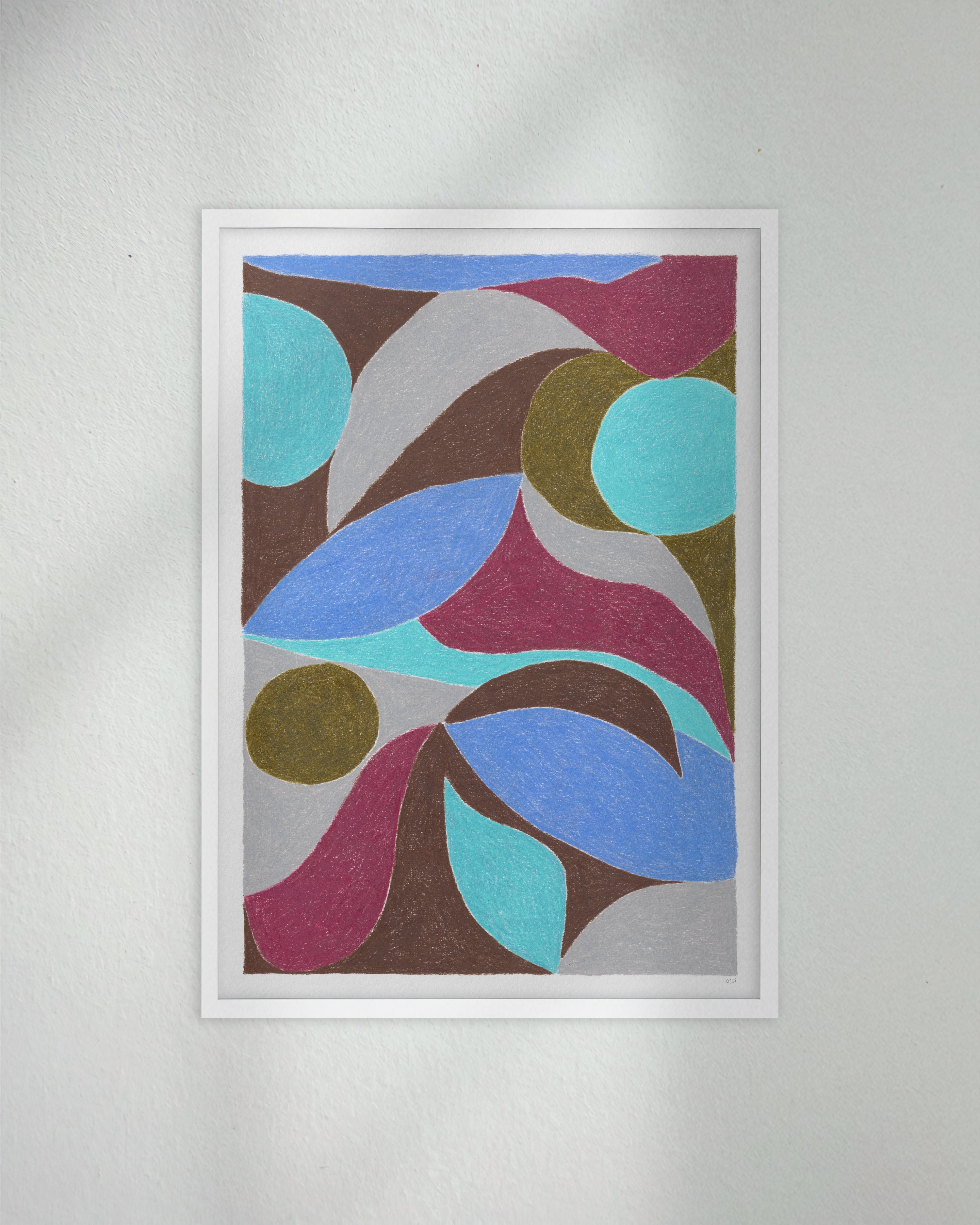 An original art print framed in a box style white timber. Featuring contrasting colours and flowing shapes. Dark brown, olive green, light teal aqua, burgundy, light grey, and light ultramarine blue. 