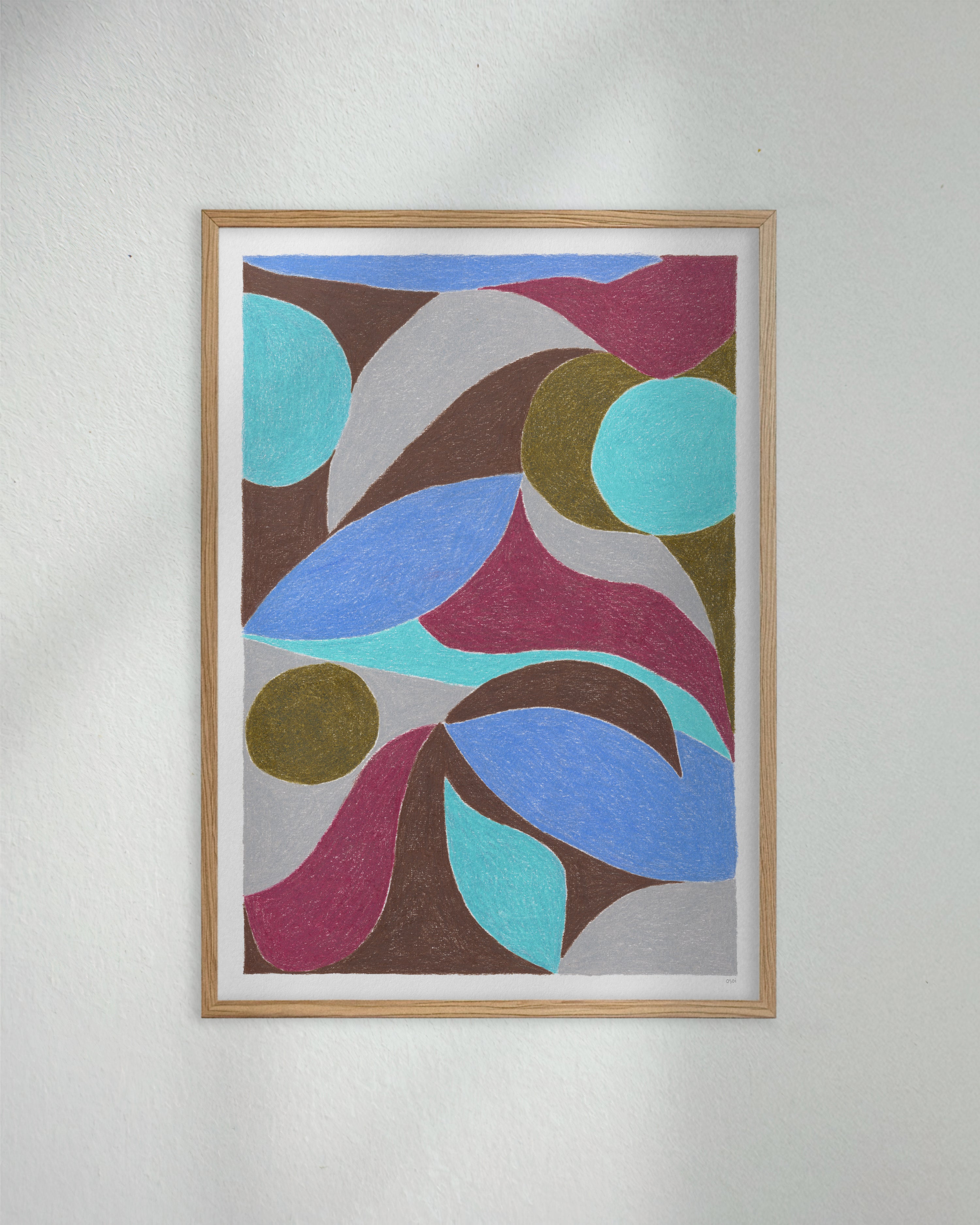 An original art print box style framed in oak. Featuring contrasting colours and flowing shapes. Dark brown, olive green, light teal aqua, burgundy, light grey, and light ultramarine blue. 