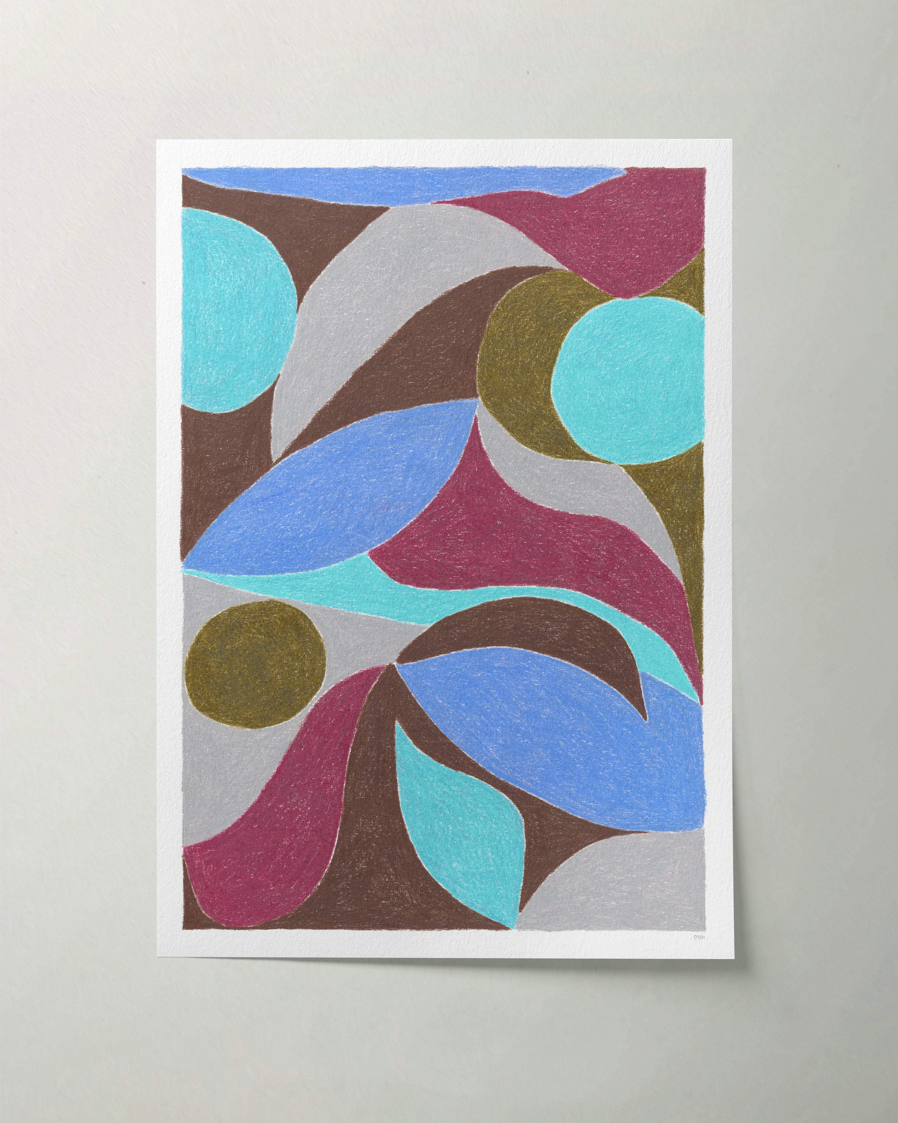 An original art print printed on textured etching paper. Featuring contrasting colours and flowing shapes. Dark brown, olive green, light teal aqua, burgundy, light grey, and light ultramarine blue. 