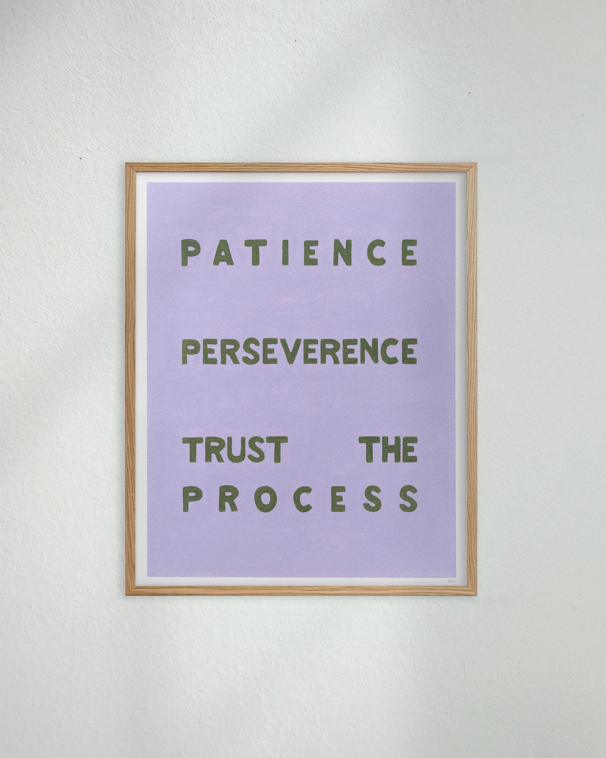 "Patience Perseverence" original art print on heavyweight cotton rag paper. Framed in a box style oak timber frame.