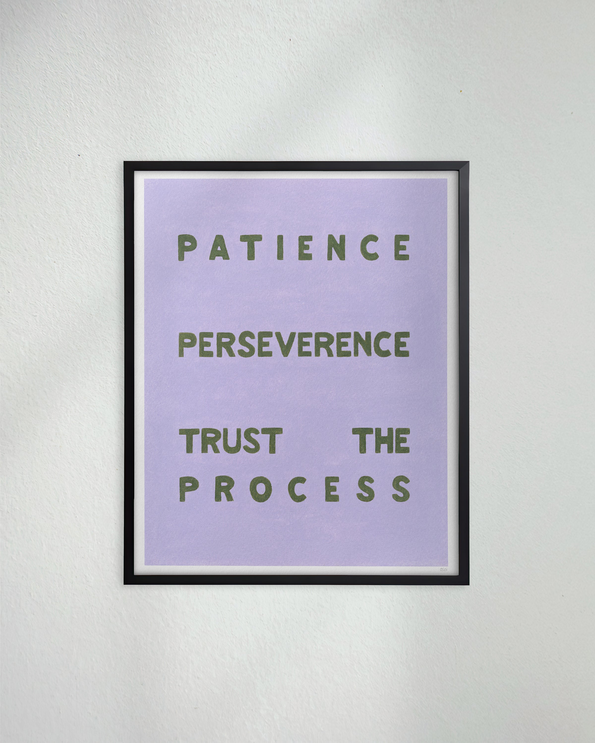 "Patience Perseverence" original art print on heavyweight cotton rag paper. Framed in a box style black timber frame.