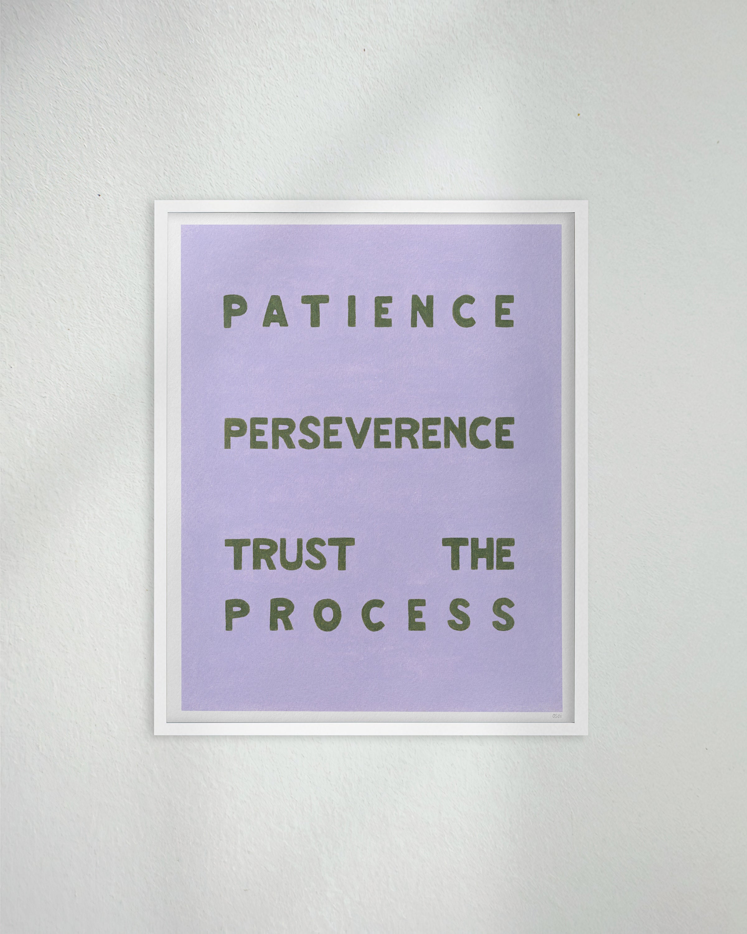 "Patience Perseverence" original art print on heavyweight cotton rag paper. Framed in a box style white timber frame.