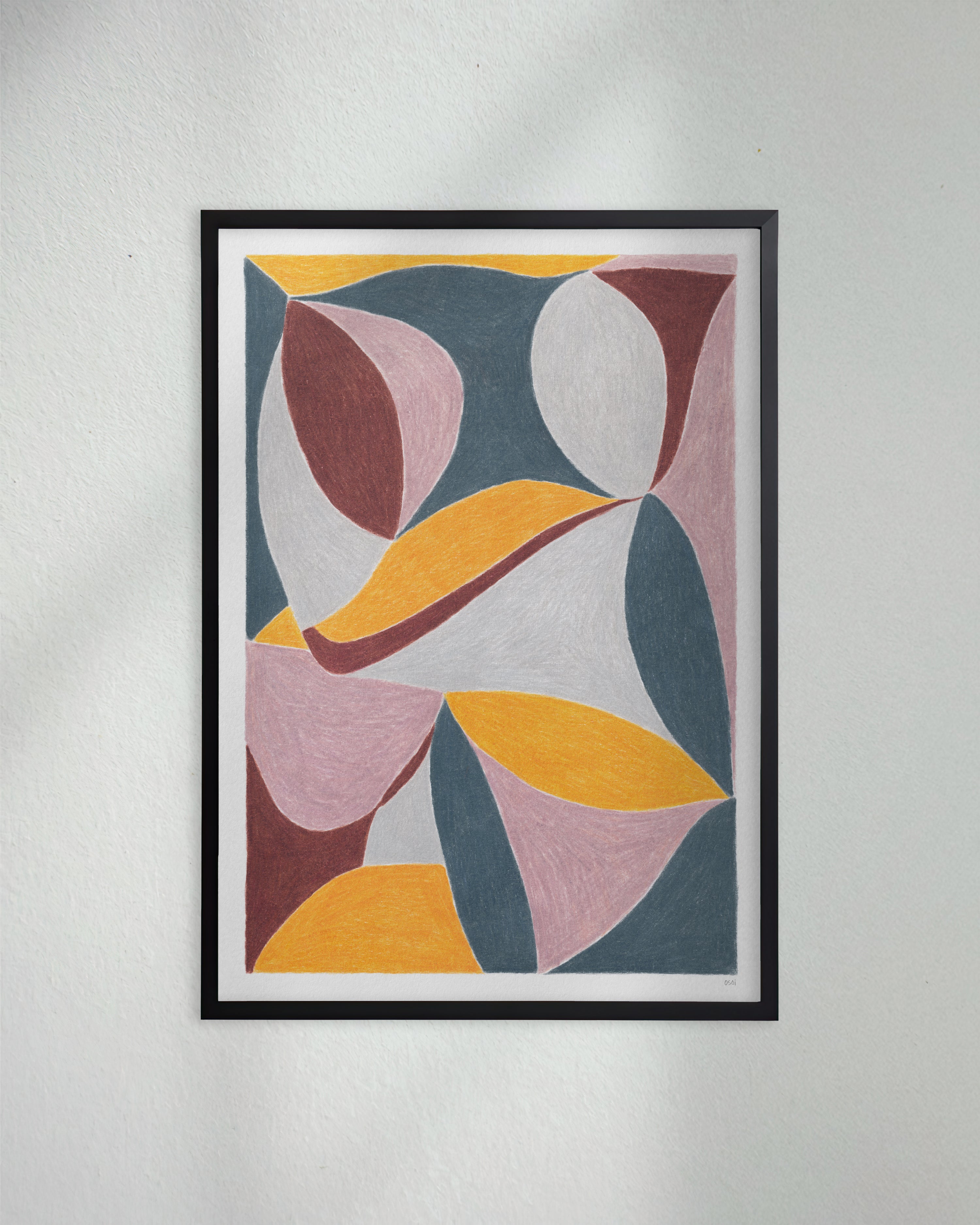 An original art print framed in black timber. Featuring contrasting colours and flowing shapes. Dark grey, light cool grey, burgundy, mauve, and golden yellow.