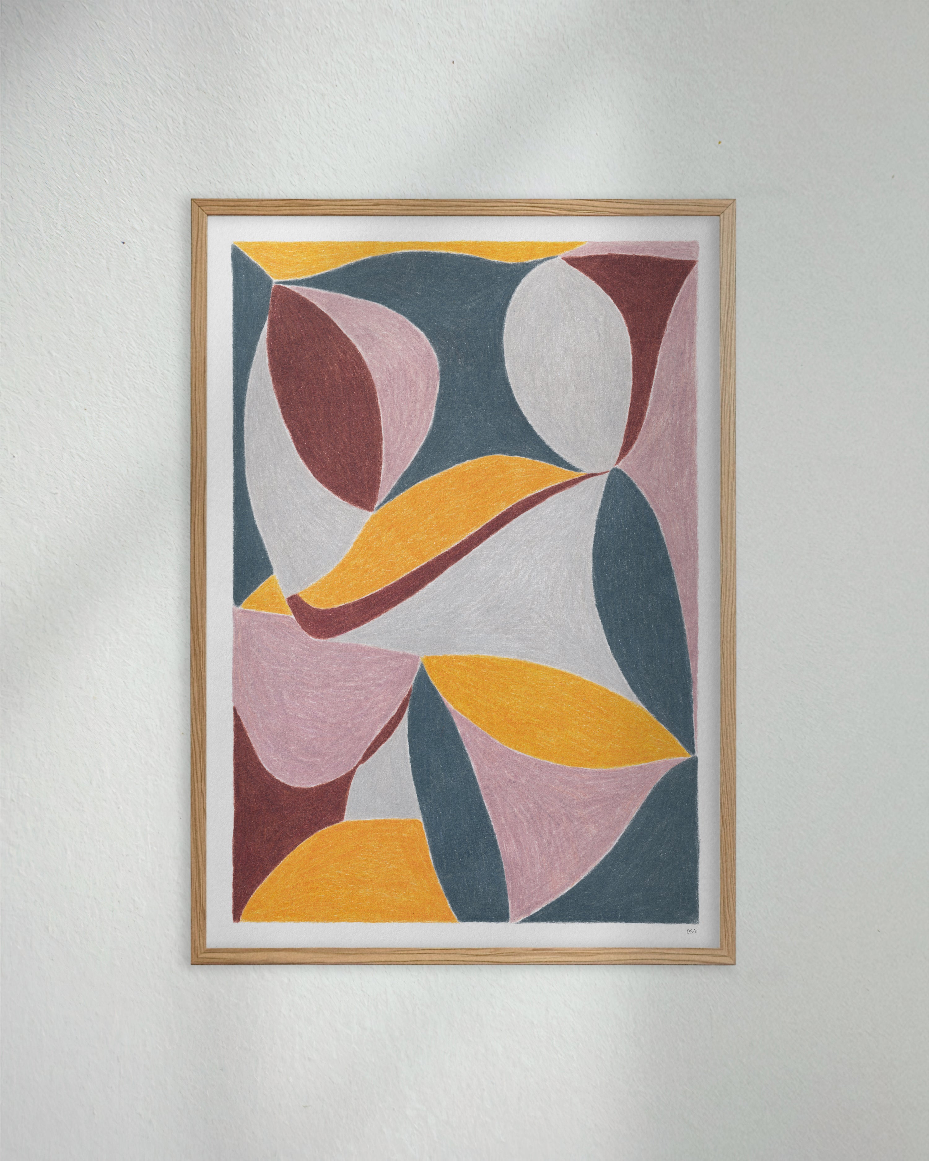 An original art print framed in a box style oak. Featuring contrasting colours and flowing shapes. Dark grey, light cool grey, burgundy, mauve, and golden yellow.