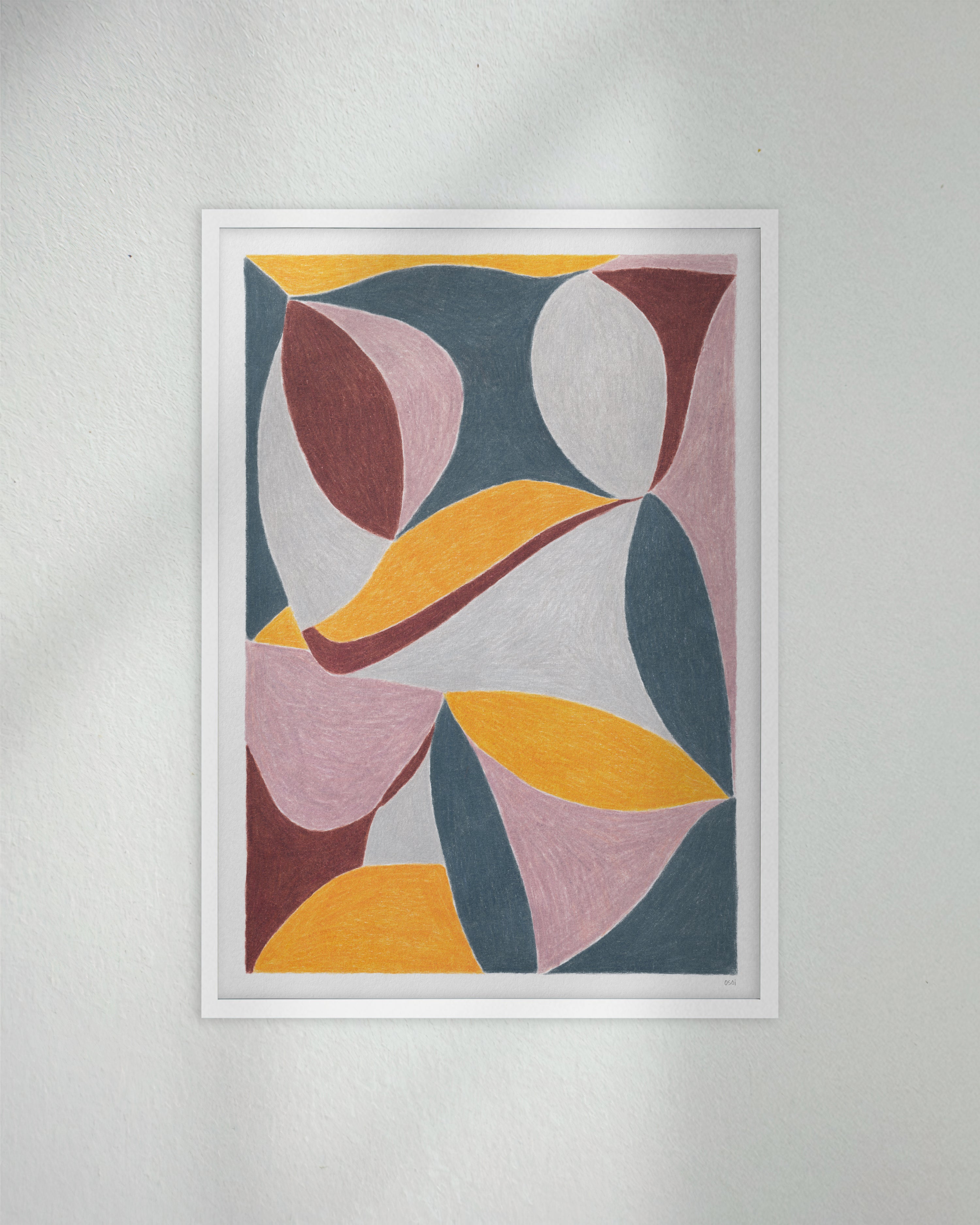 An original art print framed in white timber. Featuring contrasting colours and flowing shapes. Dark grey, light cool grey, burgundy, mauve, and golden yellow.