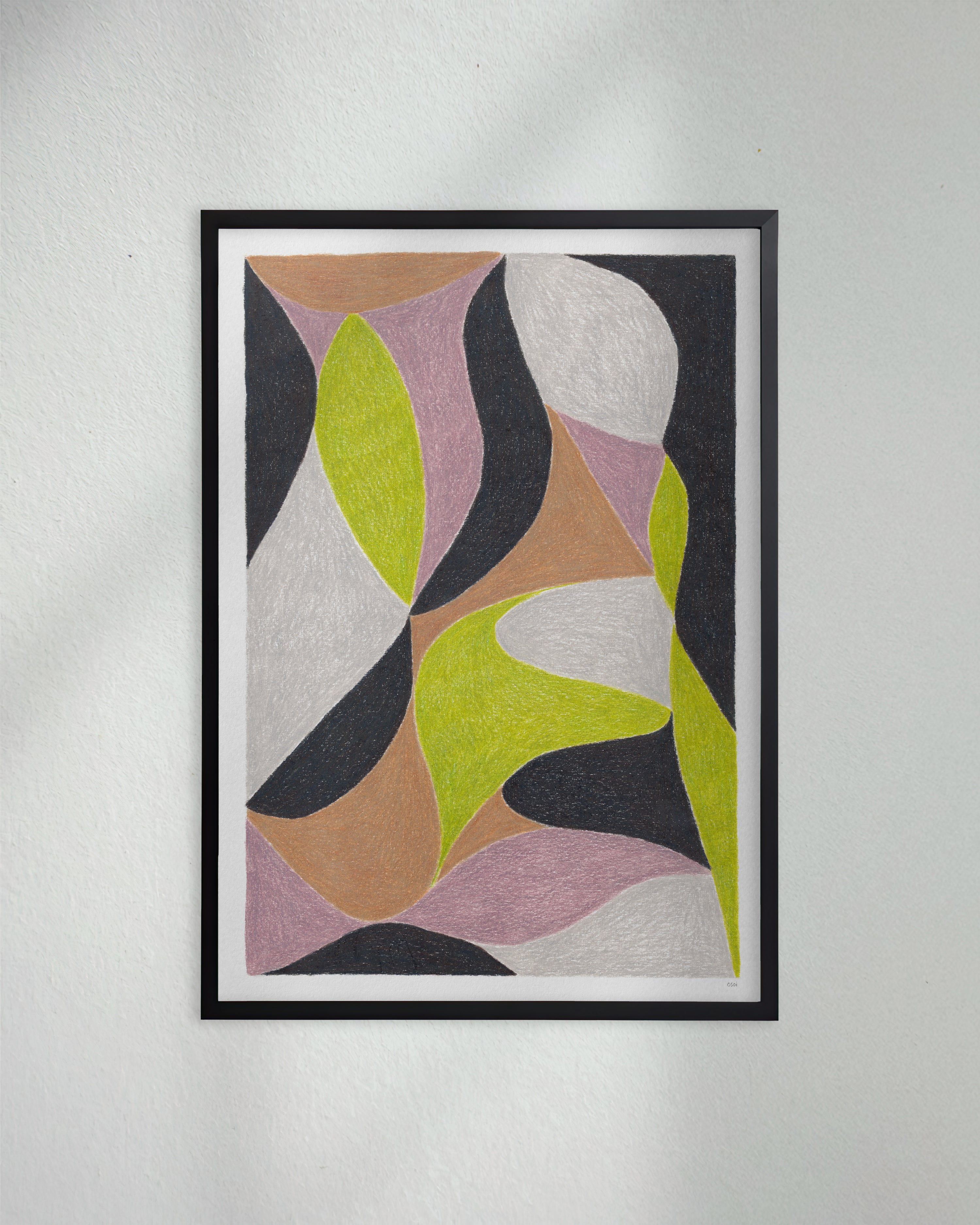 Framed art print originally made with coloured wax pencils. Featuring flowing shapes and bold colours of black, green, grey, mauve and lime shapes. Framed in a box style black frame.