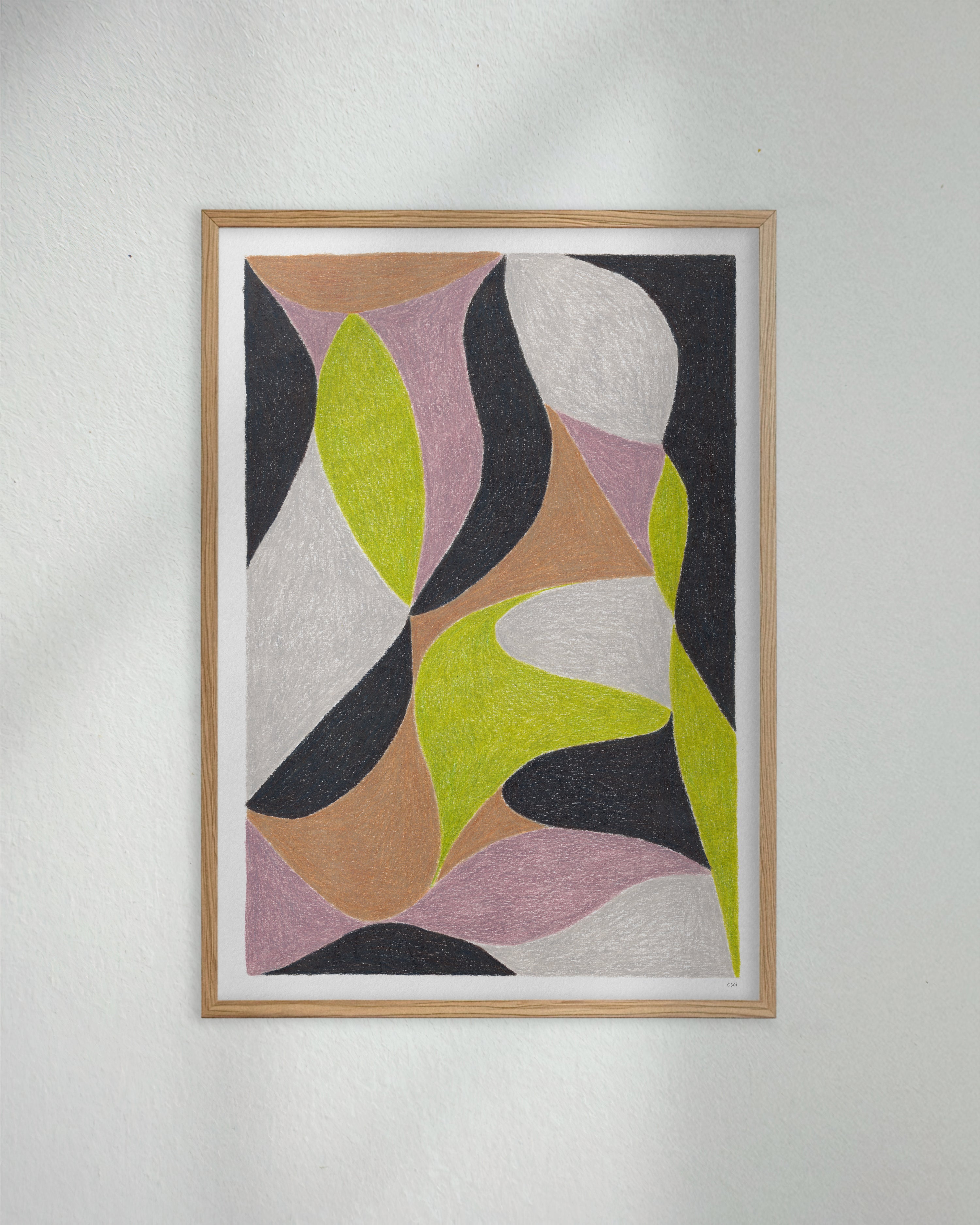 Original art print featuring flowing shapes and bold colours of black, green, grey, mauve and lime shapes. Framed in a box style oak frame.