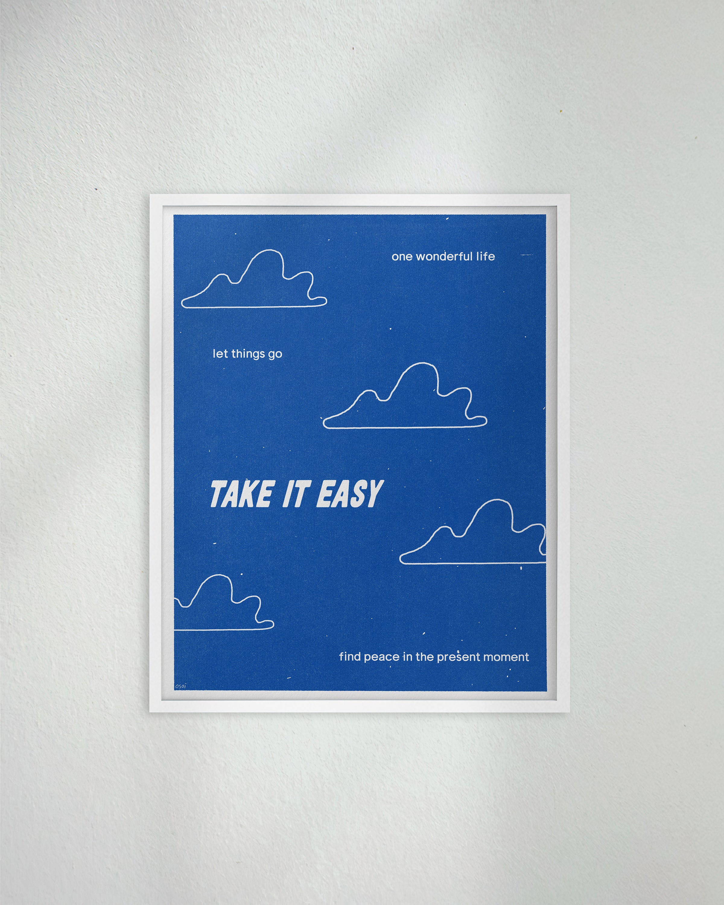 "Take it Easy" original art print on heavyweight cotton rag paper. Framed in a box style white timber frame.