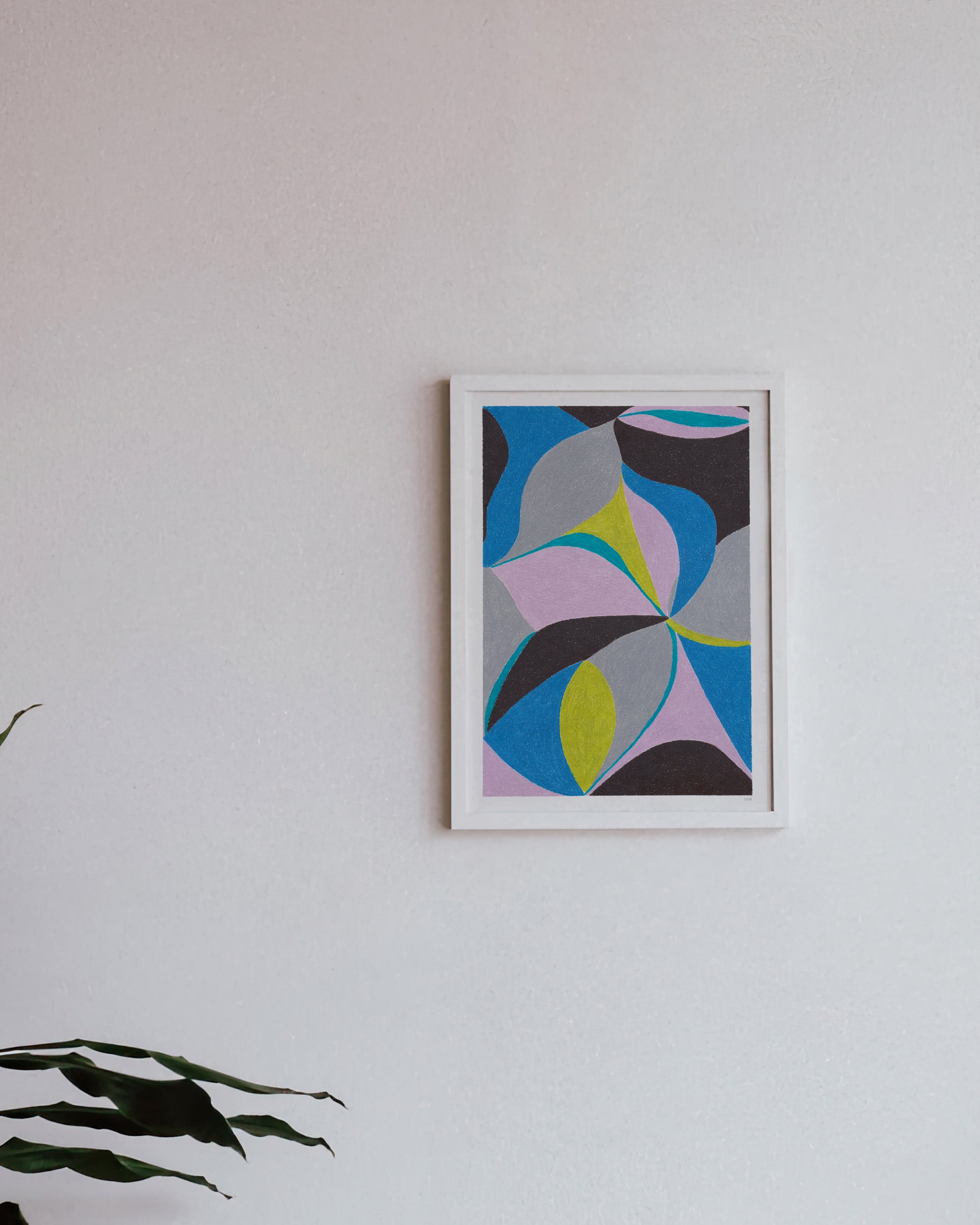 An image of a white framed art print hanging on a white wall. Featuring contrasting bright and dark colours of  Dark umber, lime, mauve, cyan blue, light grey. 